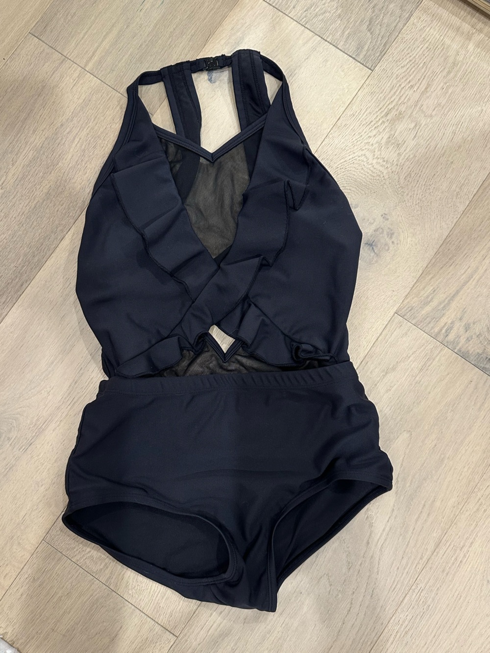 ALO Yoga Black Kids Dance One-Piece with Mesh and Ruffle Detail